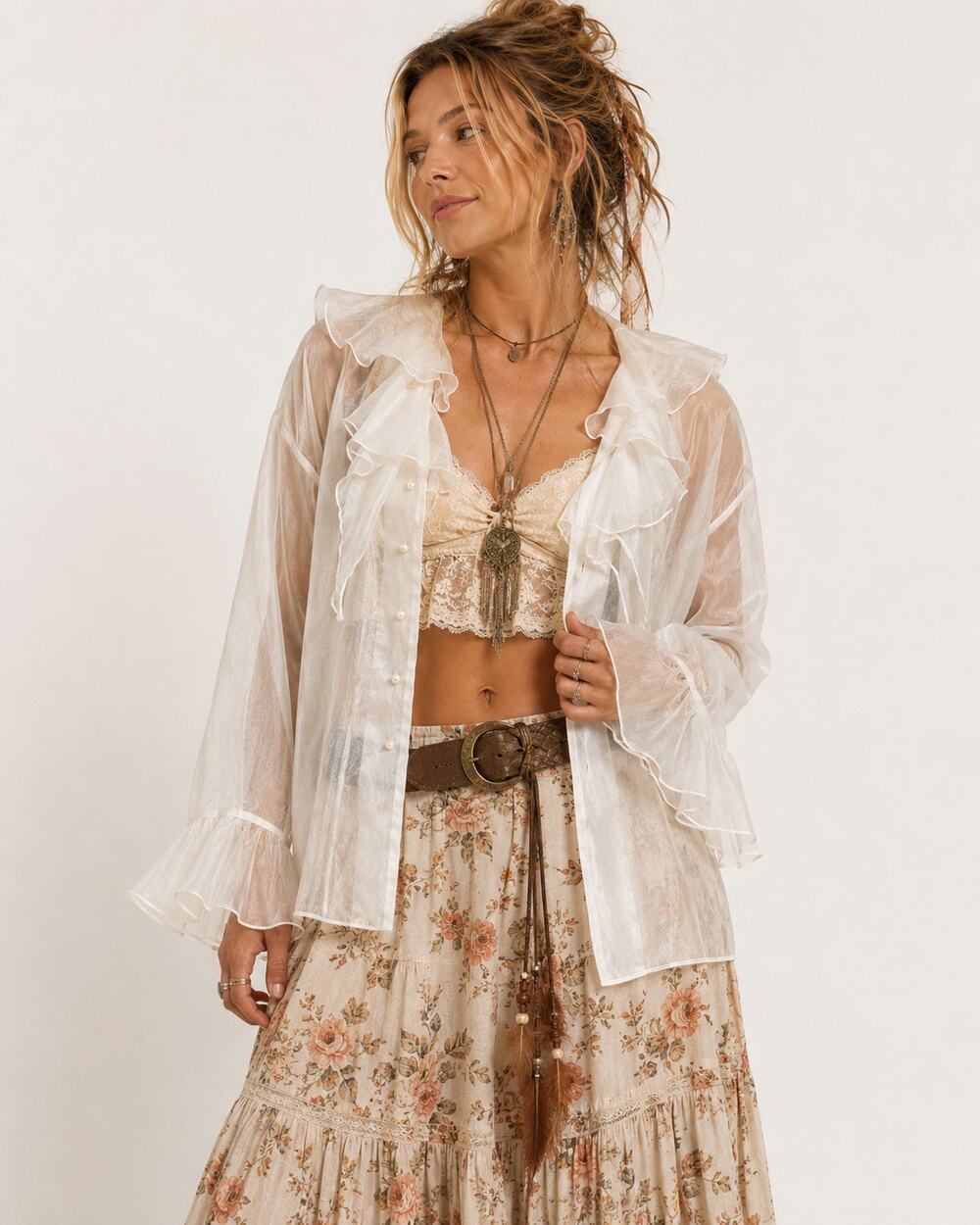 Vintage 90s Sheer Organza Ruffle Relaxed Jacket Size M Romantic Fairy Boho